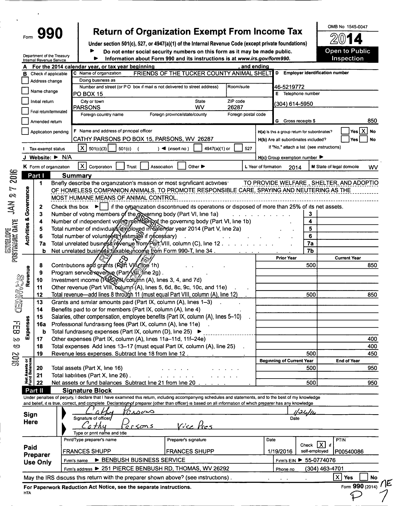 Image of first page of 2014 Form 990 for Friends of the Tucker County Animal Shelter
