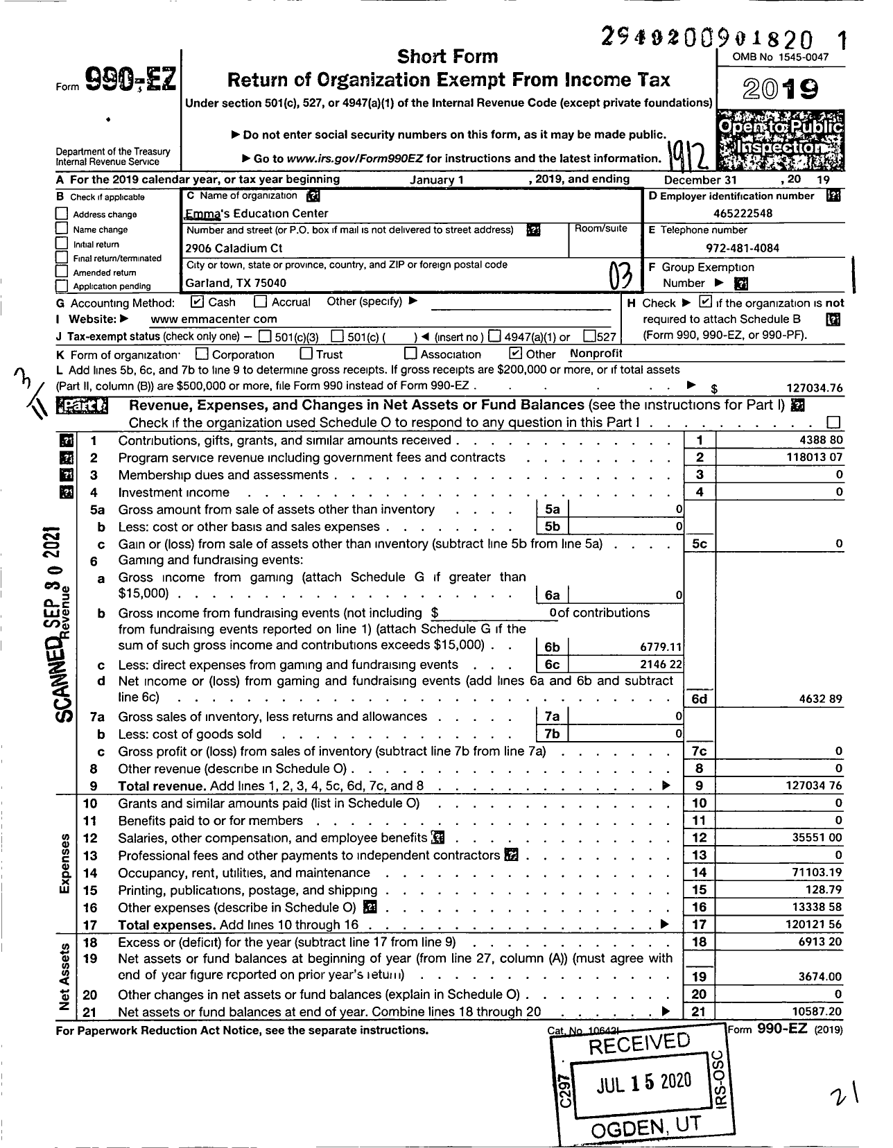 Image of first page of 2019 Form 990EZ for Emmas Education Center