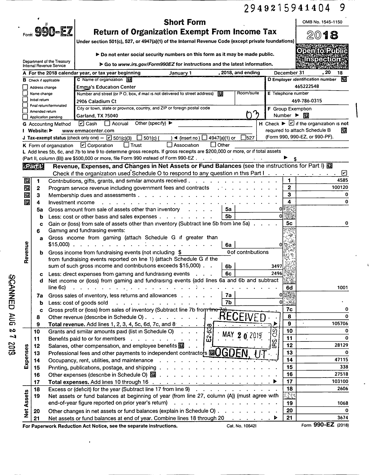 Image of first page of 2018 Form 990EZ for Emmas Education Center