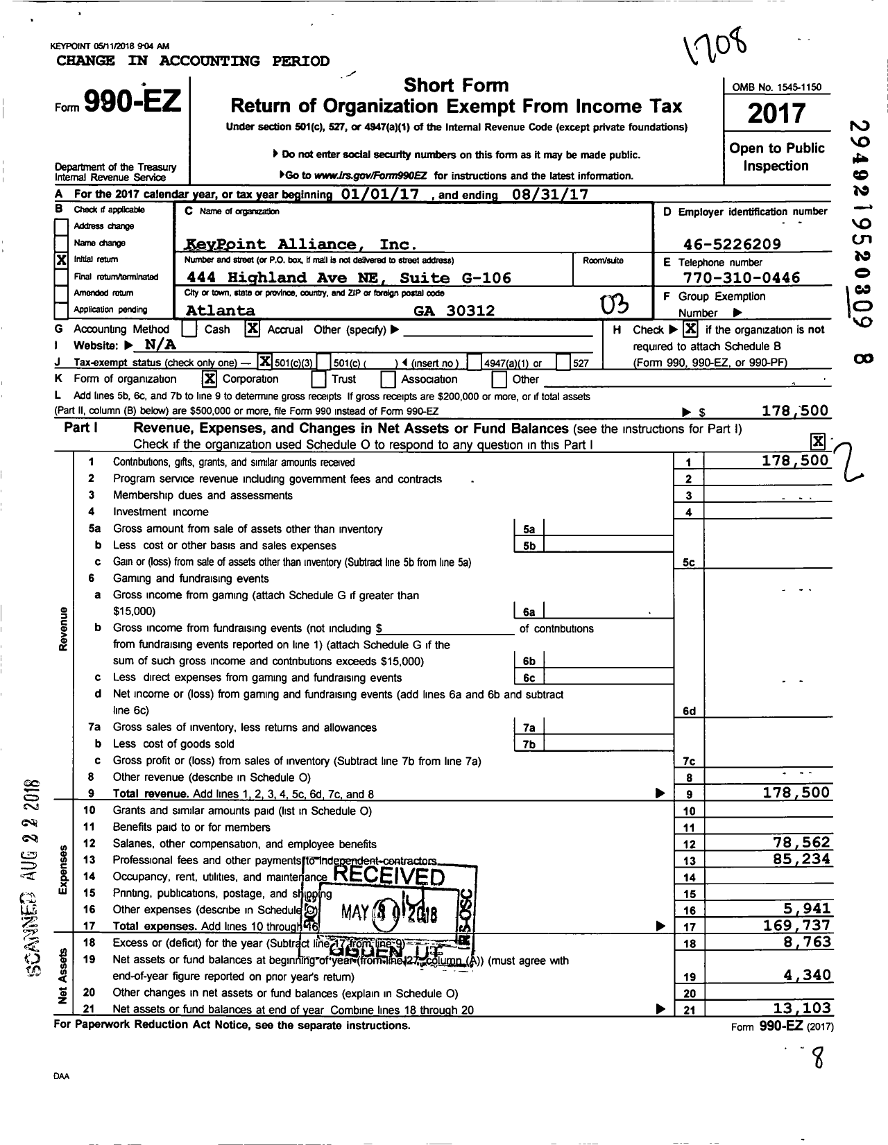 Image of first page of 2016 Form 990EZ for Keypoint Alliance