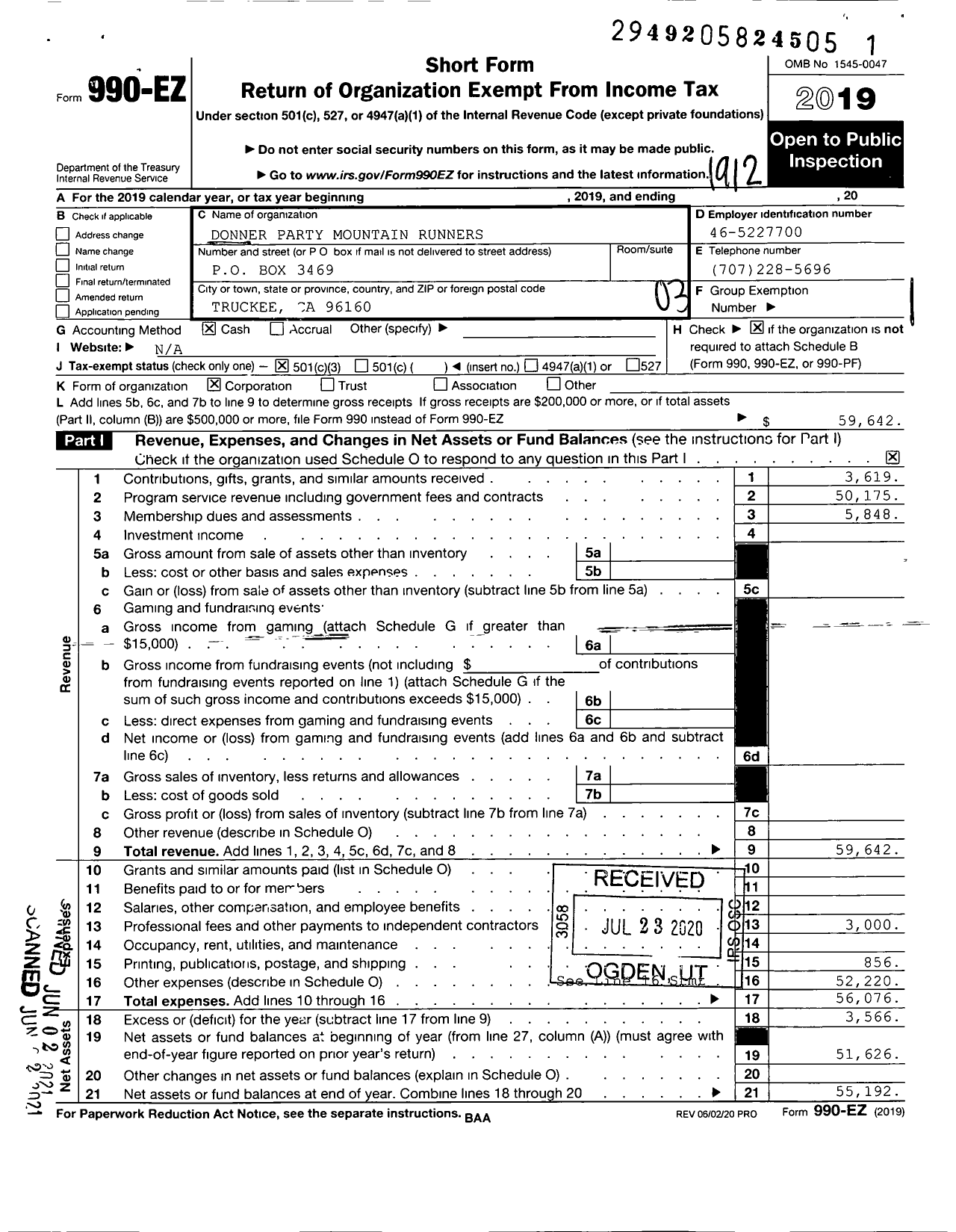 Image of first page of 2019 Form 990EZ for Donner Party Mountain Runners