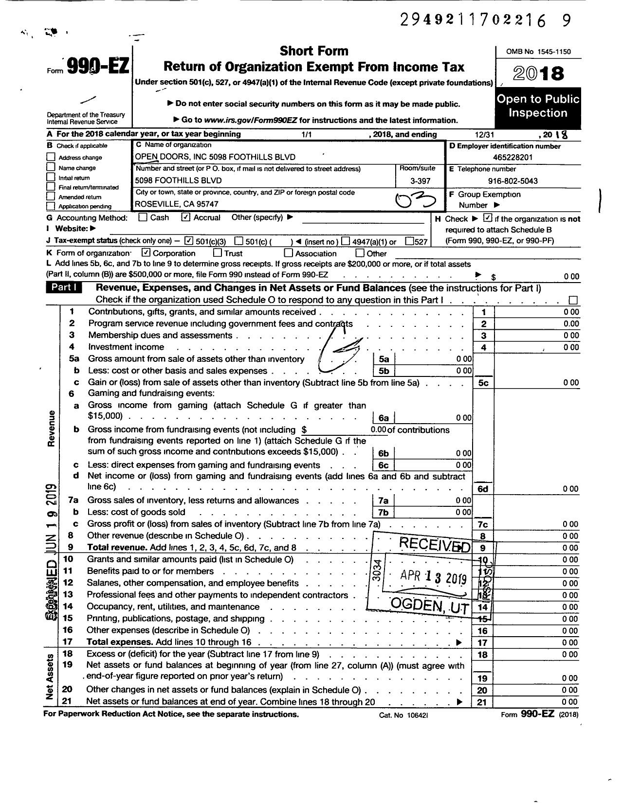 Image of first page of 2018 Form 990EZ for Open Doors