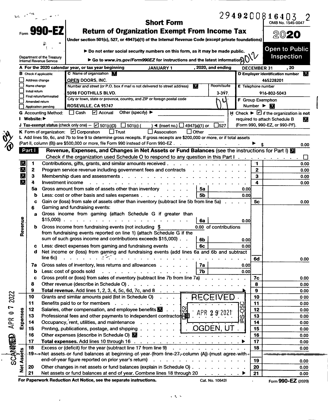 Image of first page of 2020 Form 990EO for Open Doors