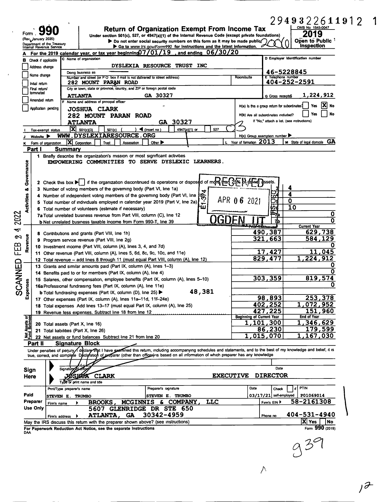 Image of first page of 2019 Form 990 for Dyslexia Resource Trust