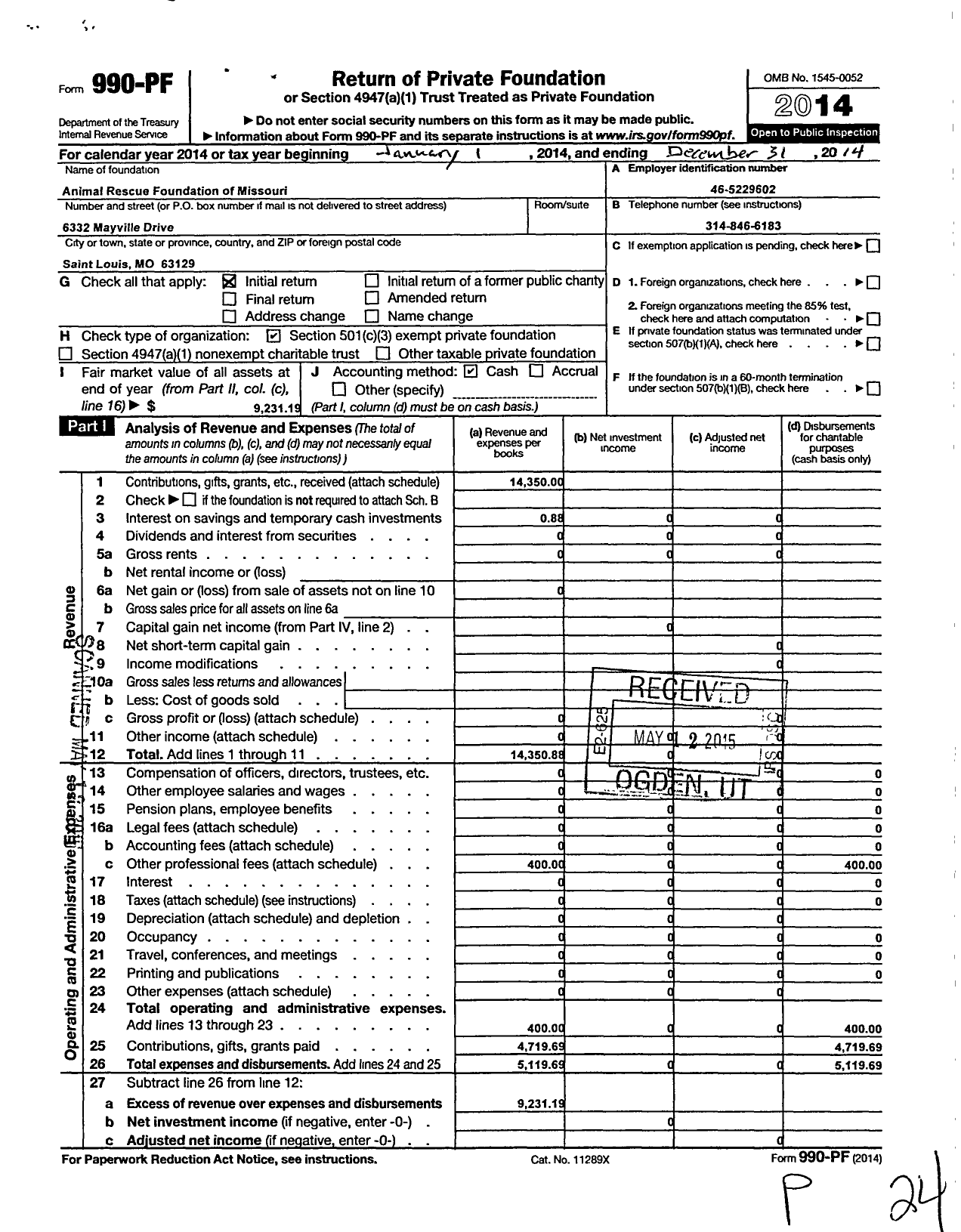 Image of first page of 2014 Form 990PF for Animal Rescue Foundation of Missouri