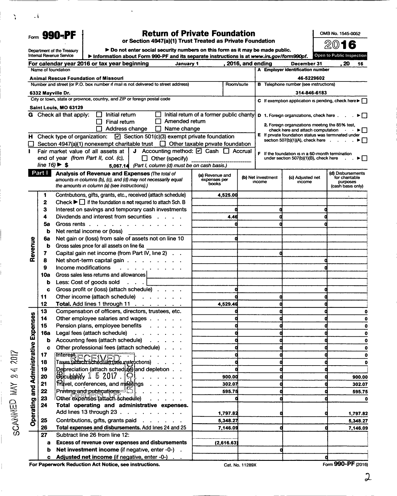 Image of first page of 2016 Form 990PF for Animal Rescue Foundation of Missouri