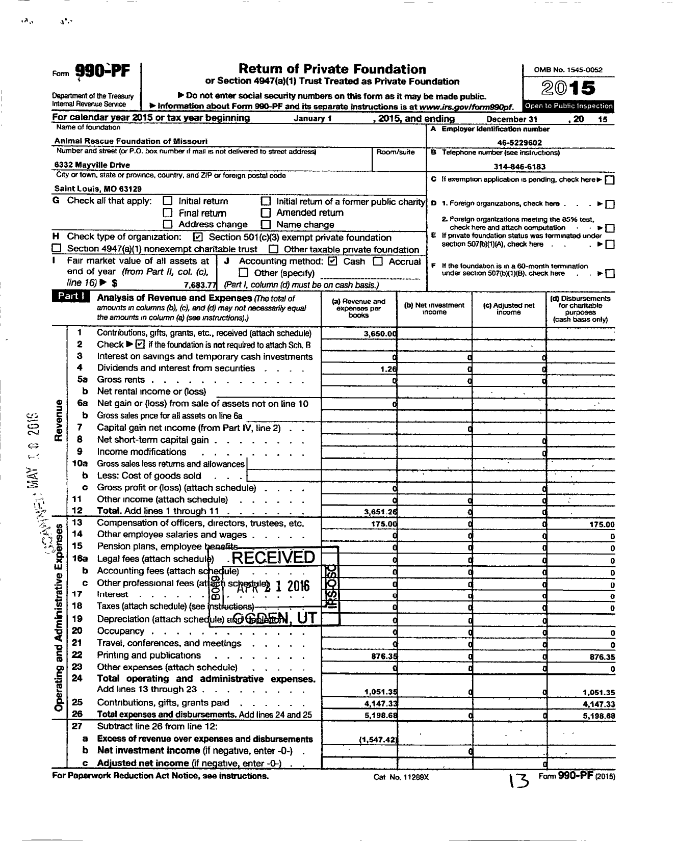 Image of first page of 2015 Form 990PF for Animal Rescue Foundation of Missouri