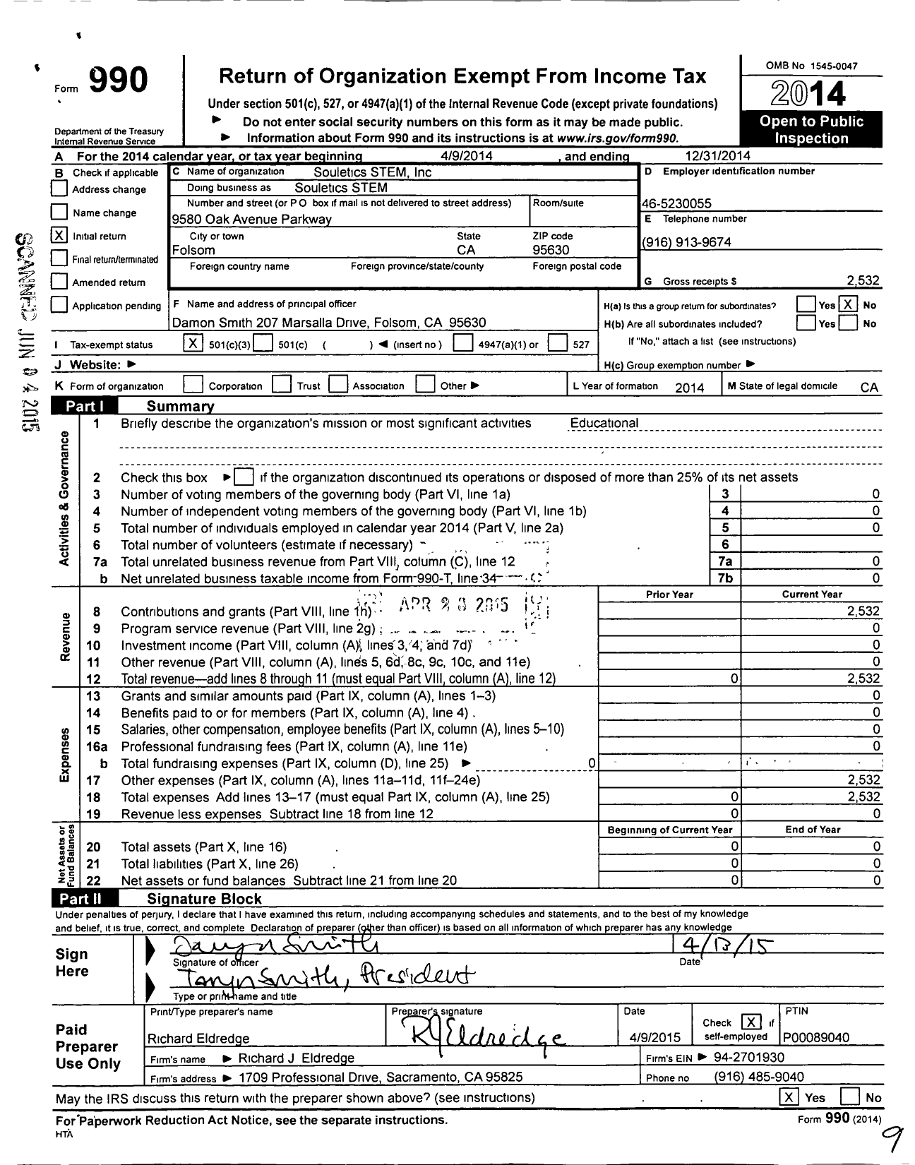 Image of first page of 2014 Form 990 for Souletics Stem