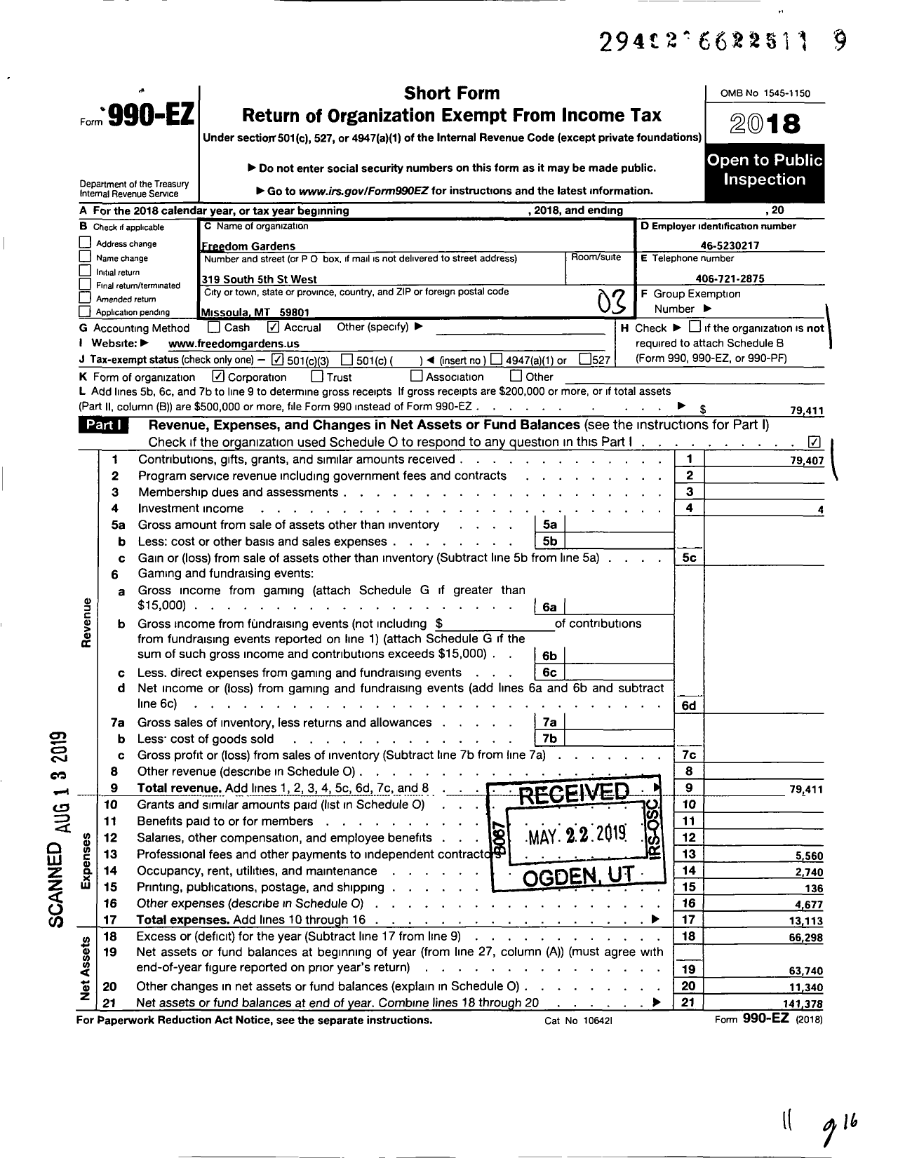 Image of first page of 2018 Form 990EZ for Freedom Gardens