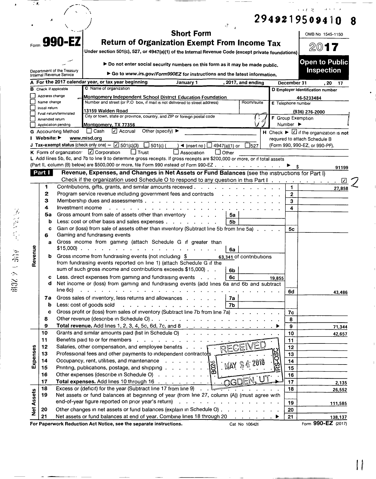 Image of first page of 2017 Form 990EZ for Montgomery Independent School District Education Foundation