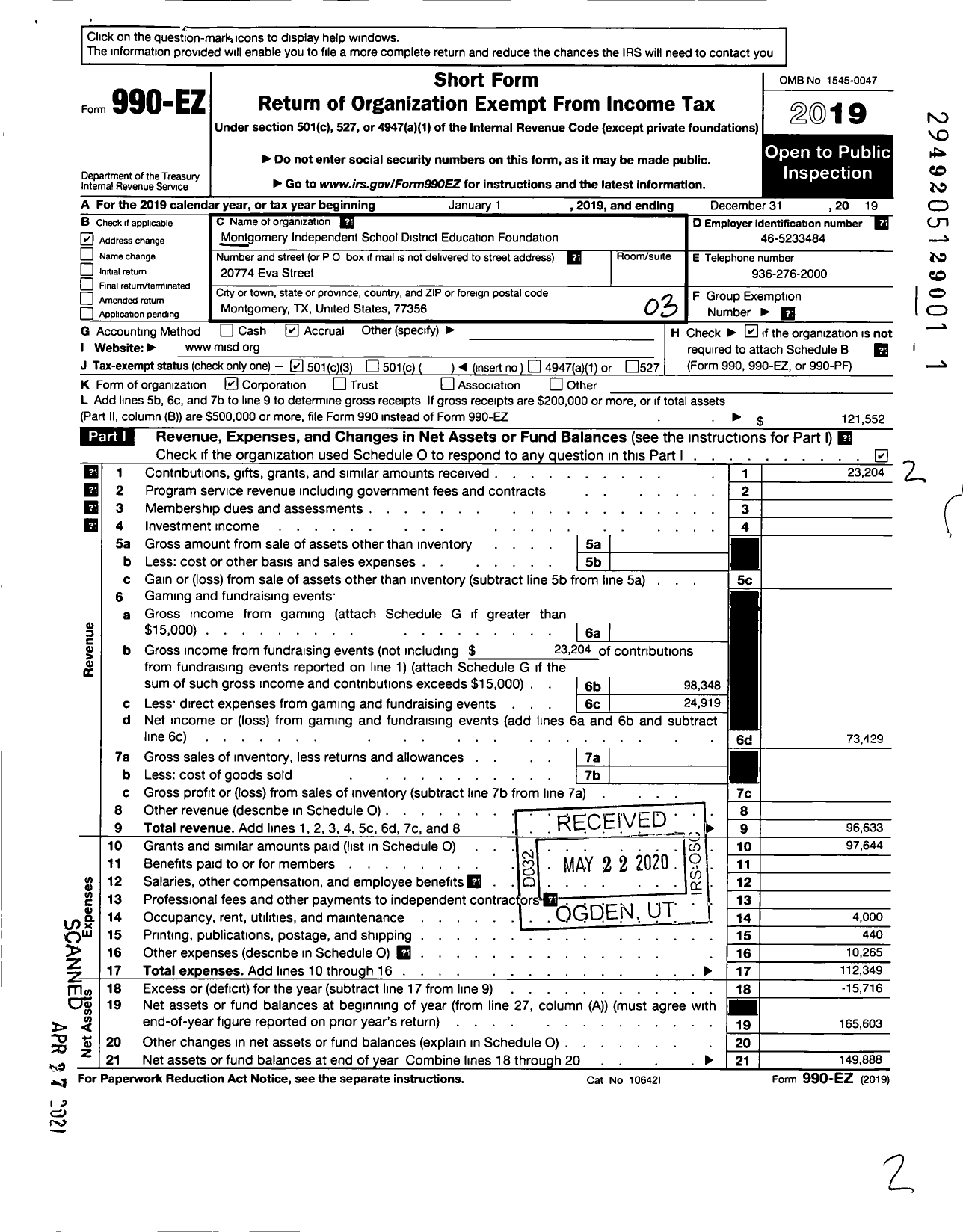 Image of first page of 2019 Form 990EZ for Montgomery Independent School District Education Foundation