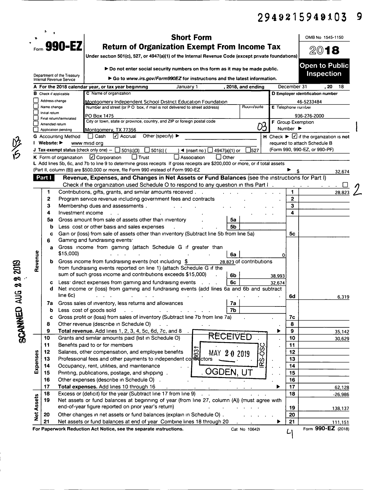 Image of first page of 2018 Form 990EZ for Montgomery Independent School District Education Foundation