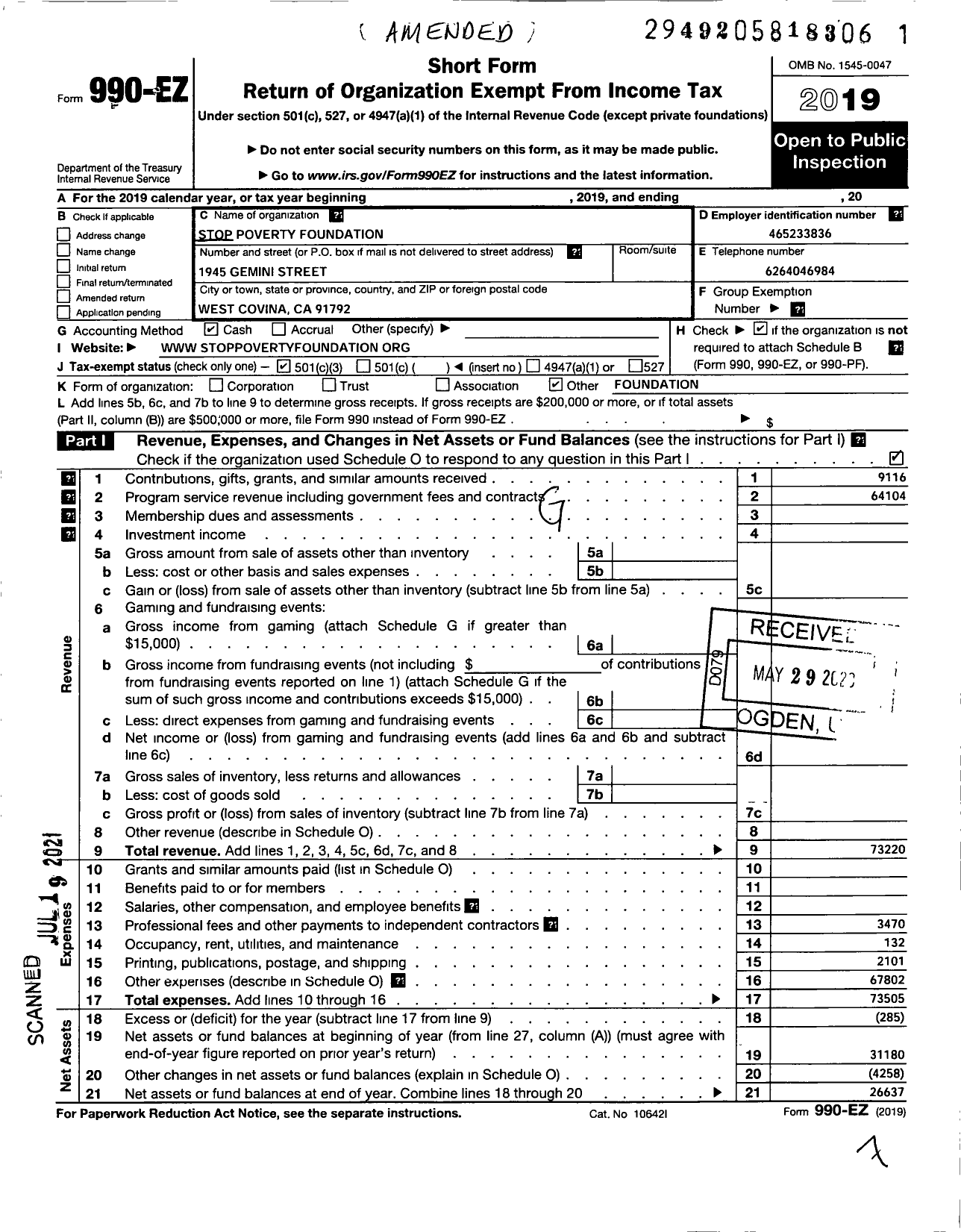 Image of first page of 2019 Form 990EZ for Stop Poverty Foundation