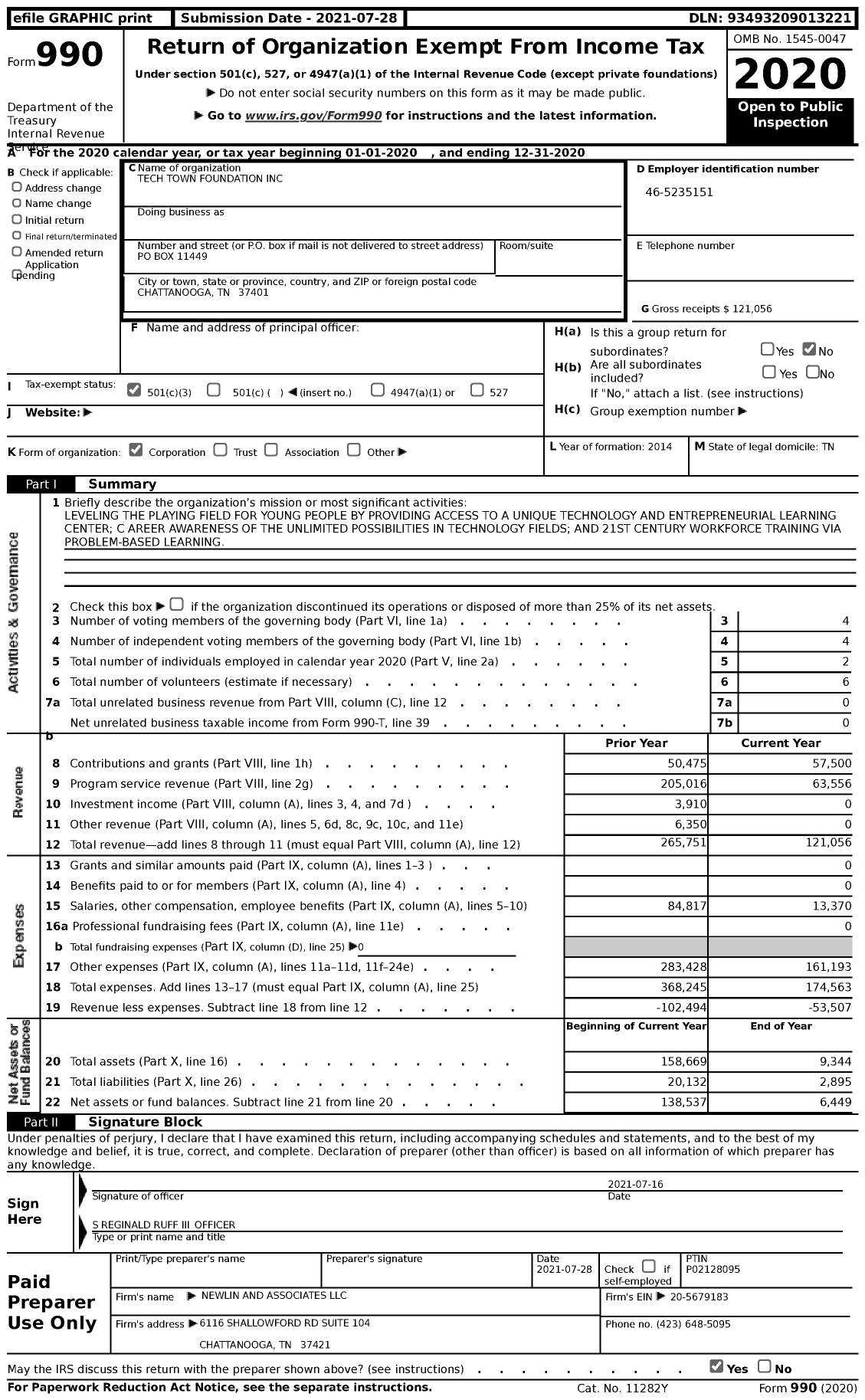 Image of first page of 2020 Form 990 for Tech Town Foundation