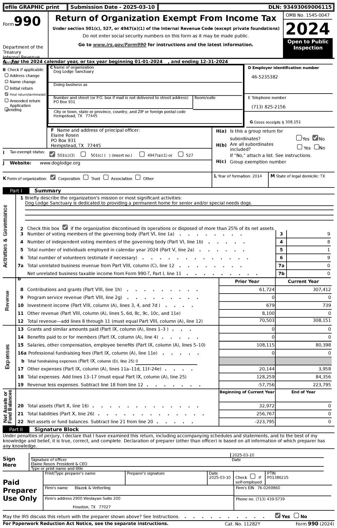 Image of first page of 2024 Form 990 for Dog Lodge Sanctuary