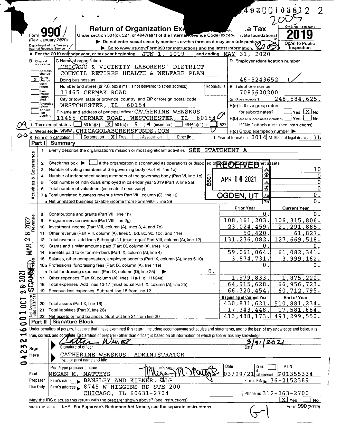 Image of first page of 2019 Form 990O for Chicago and Vicinity Laborers' District Council Retiree Health and Welfare Plan