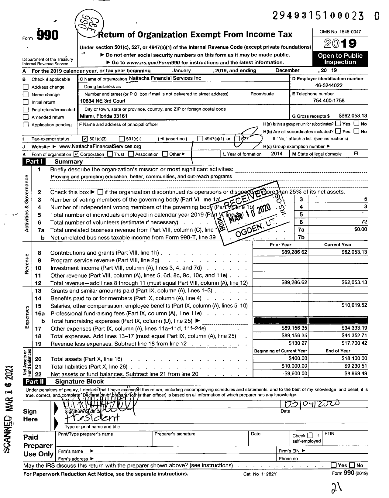 Image of first page of 2019 Form 990 for Nattacha Financial Services