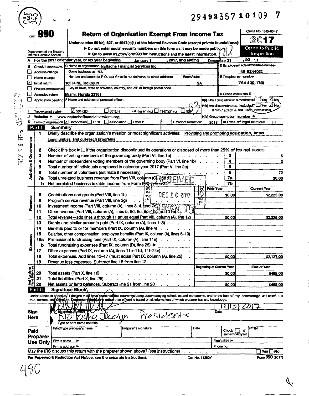 Image of first page of 2017 Form 990 for Nattacha Financial Services