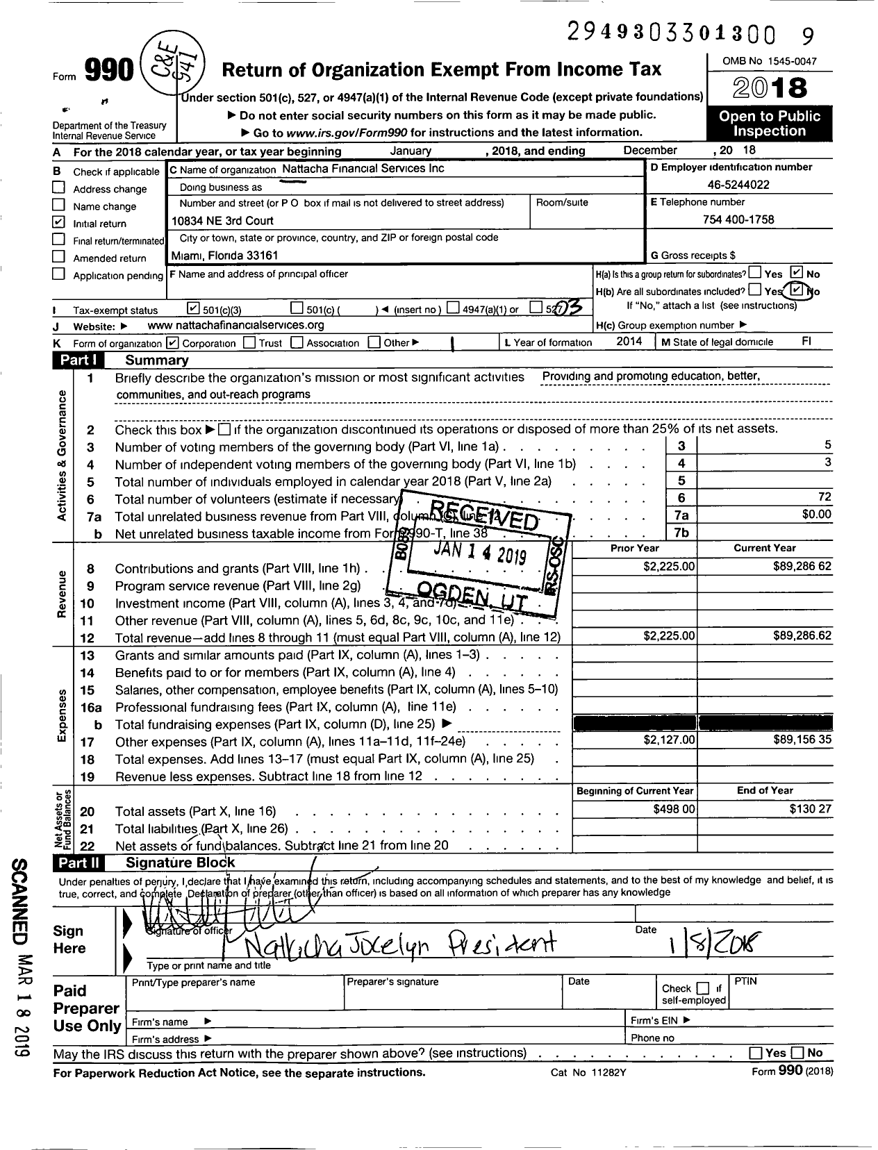 Image of first page of 2018 Form 990 for Nattacha Financial Services