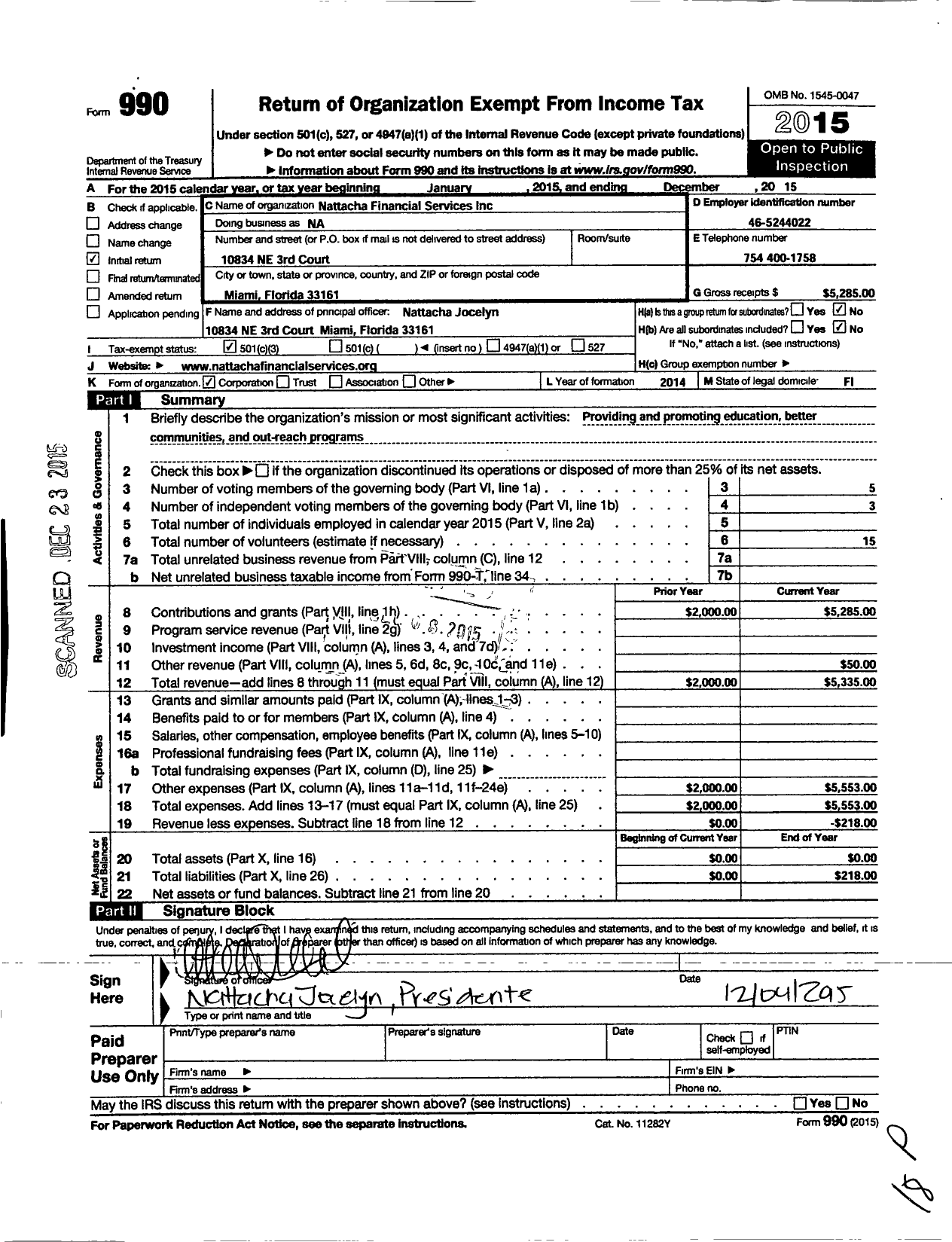 Image of first page of 2015 Form 990 for Nattacha Financial Services