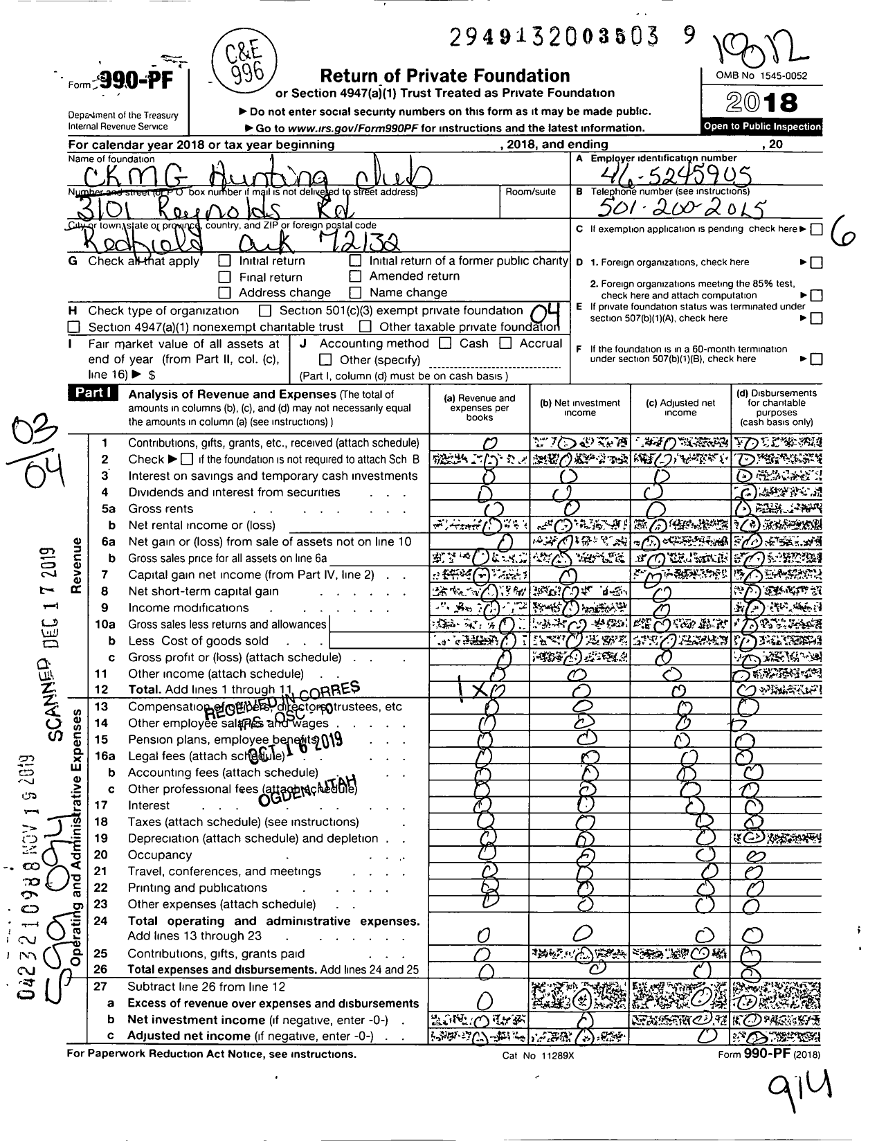 Image of first page of 2018 Form 990PF for CKMG Hunting Club