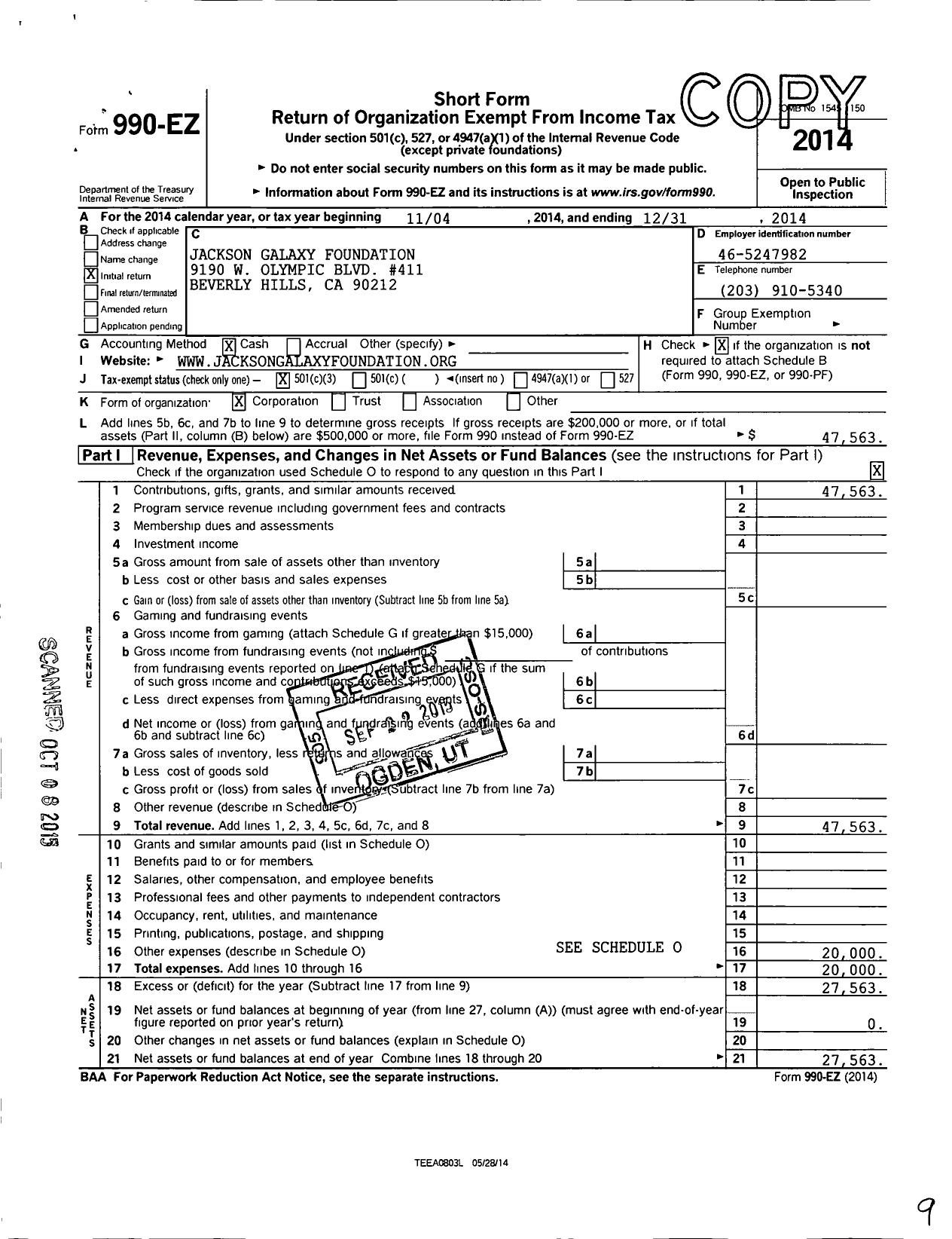 Image of first page of 2014 Form 990EZ for Jackson Galaxy Foundation