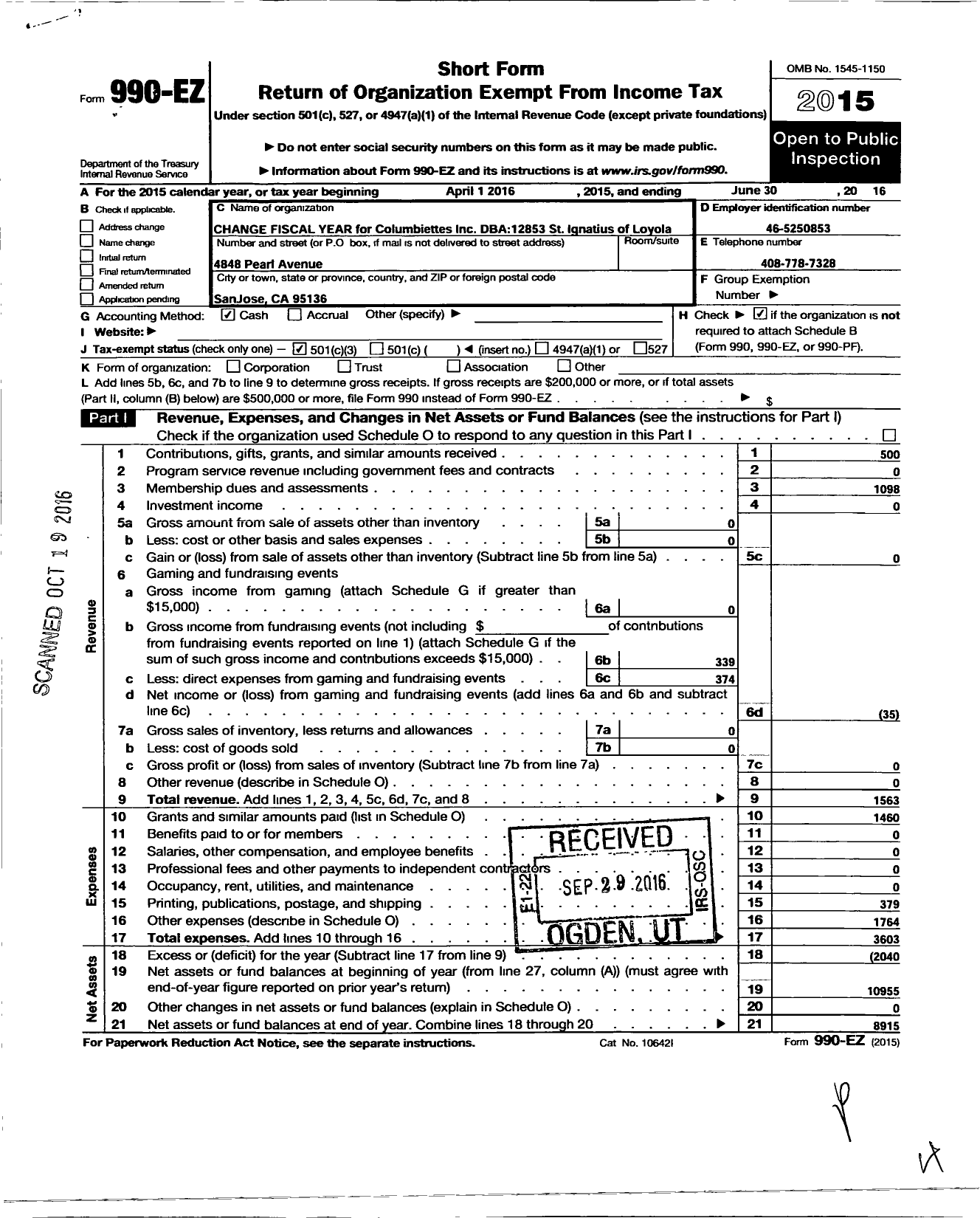 Image of first page of 2015 Form 990EZ for Columbiettes - 12853 St Ignatius of Loyola Columbi