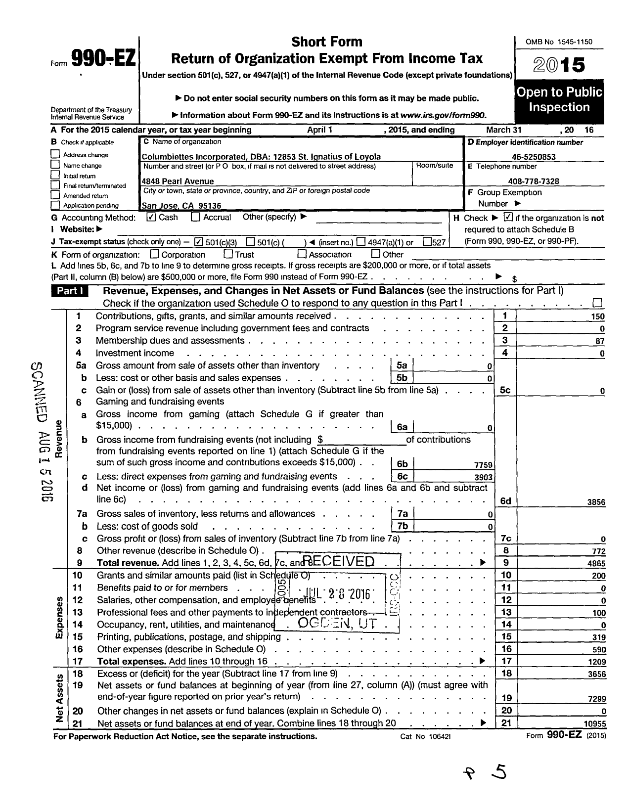 Image of first page of 2015 Form 990EZ for Columbiettes - 12853 St Ignatius of Loyola Columbi