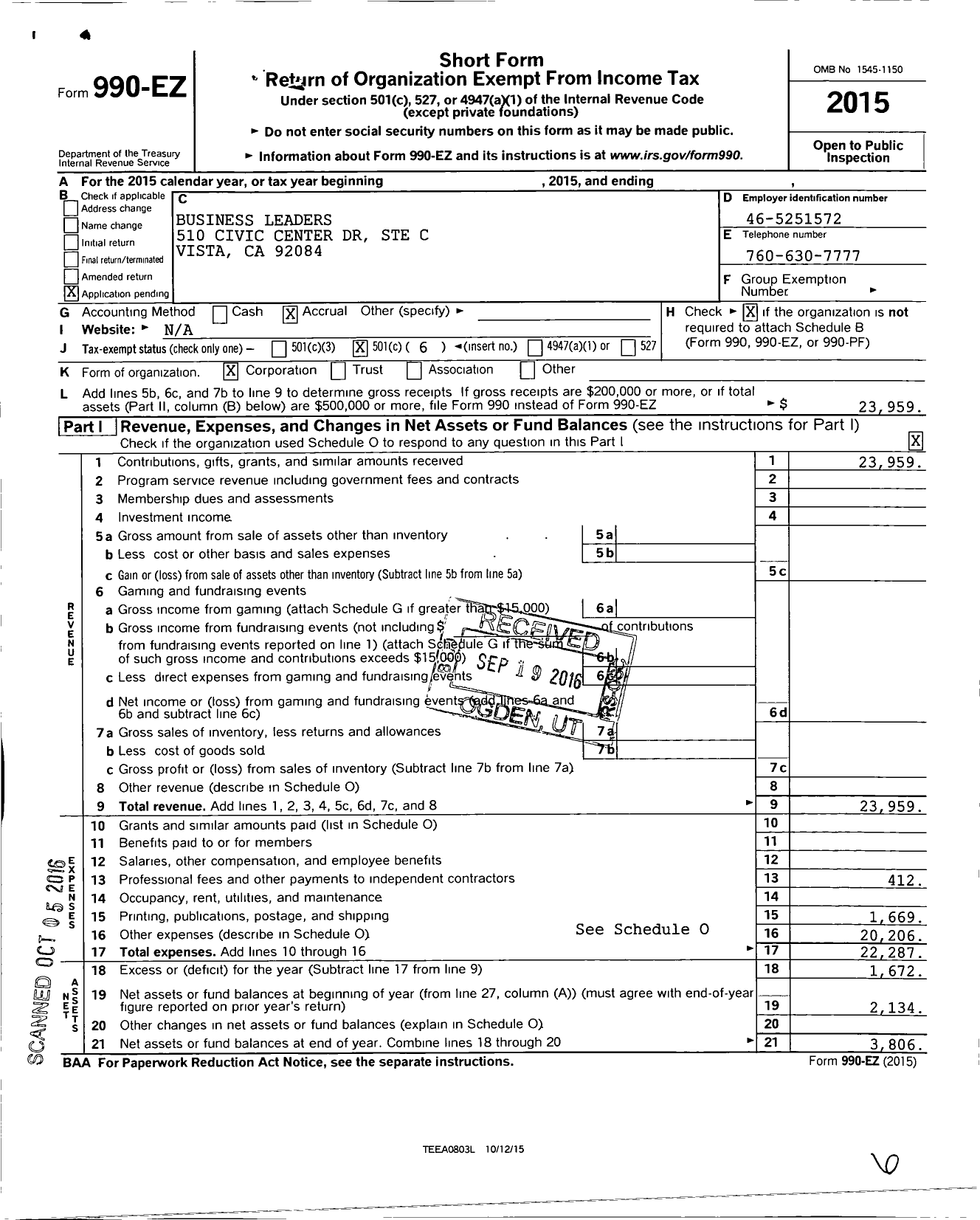 Image of first page of 2015 Form 990EO for Business Leaders