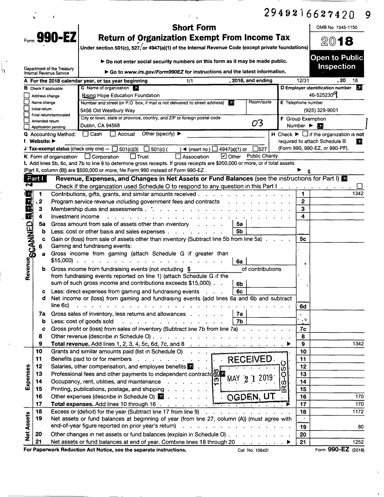 Image of first page of 2018 Form 990EZ for Rising Hope Education Foundation