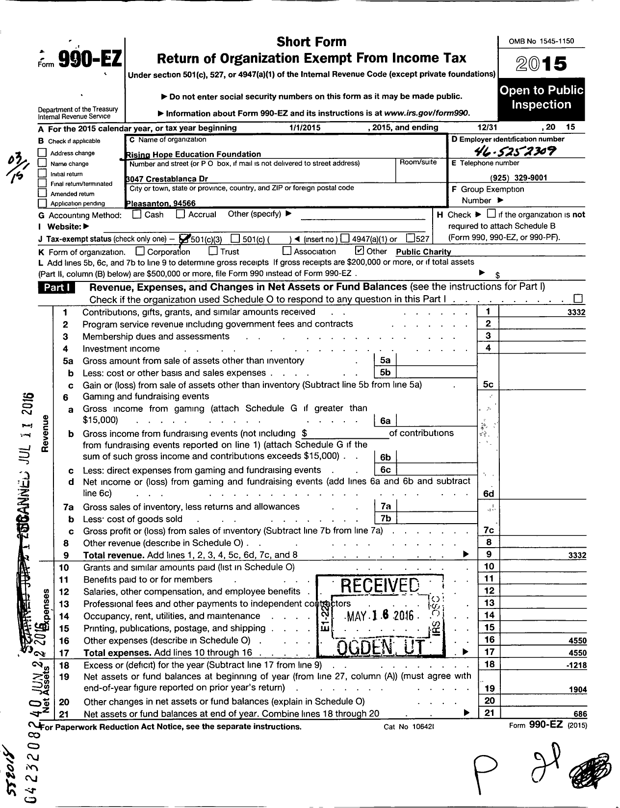 Image of first page of 2015 Form 990EZ for Rising Hope Education Foundation