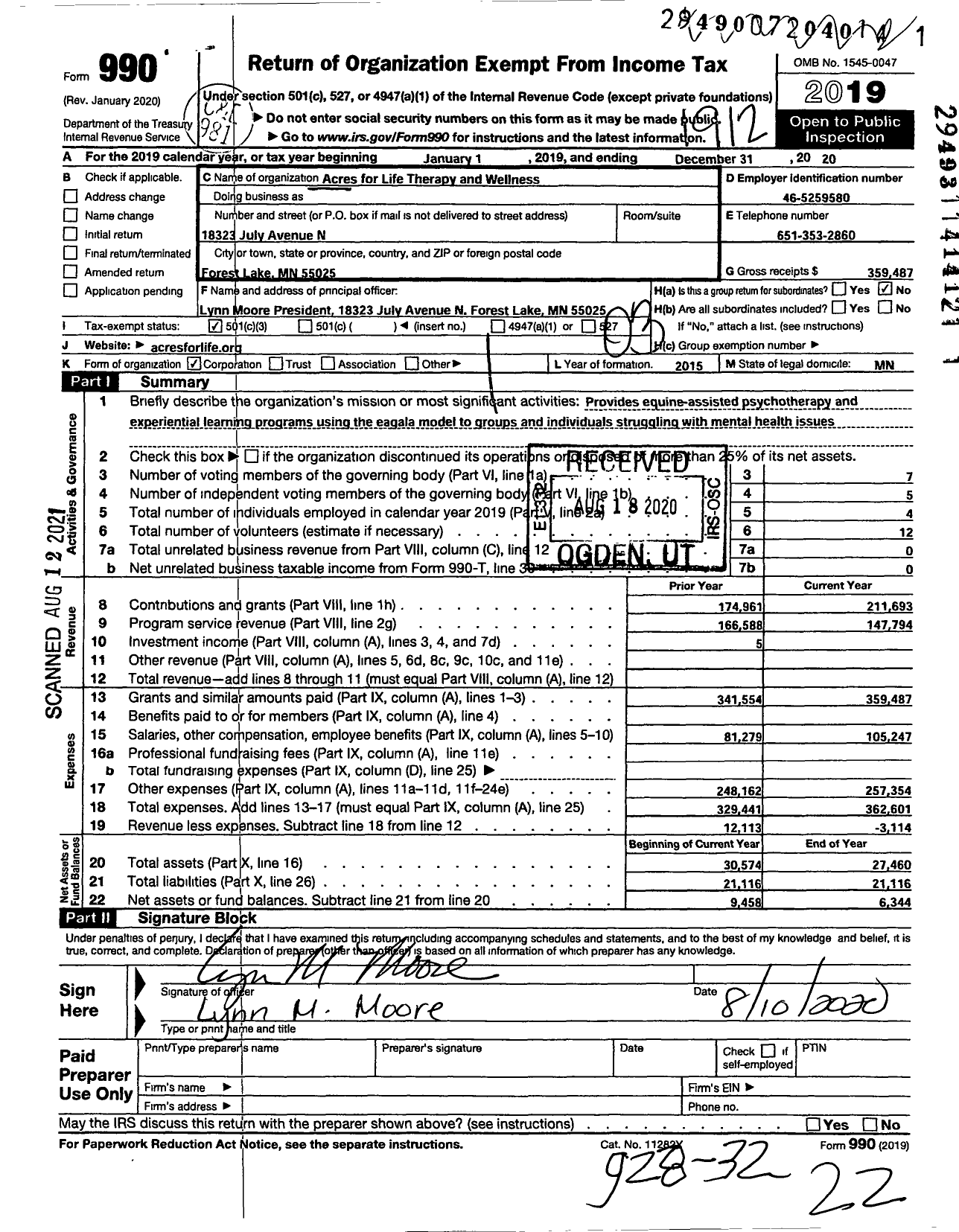 Image of first page of 2019 Form 990 for Acres for Life - Therapy and Wellness Center