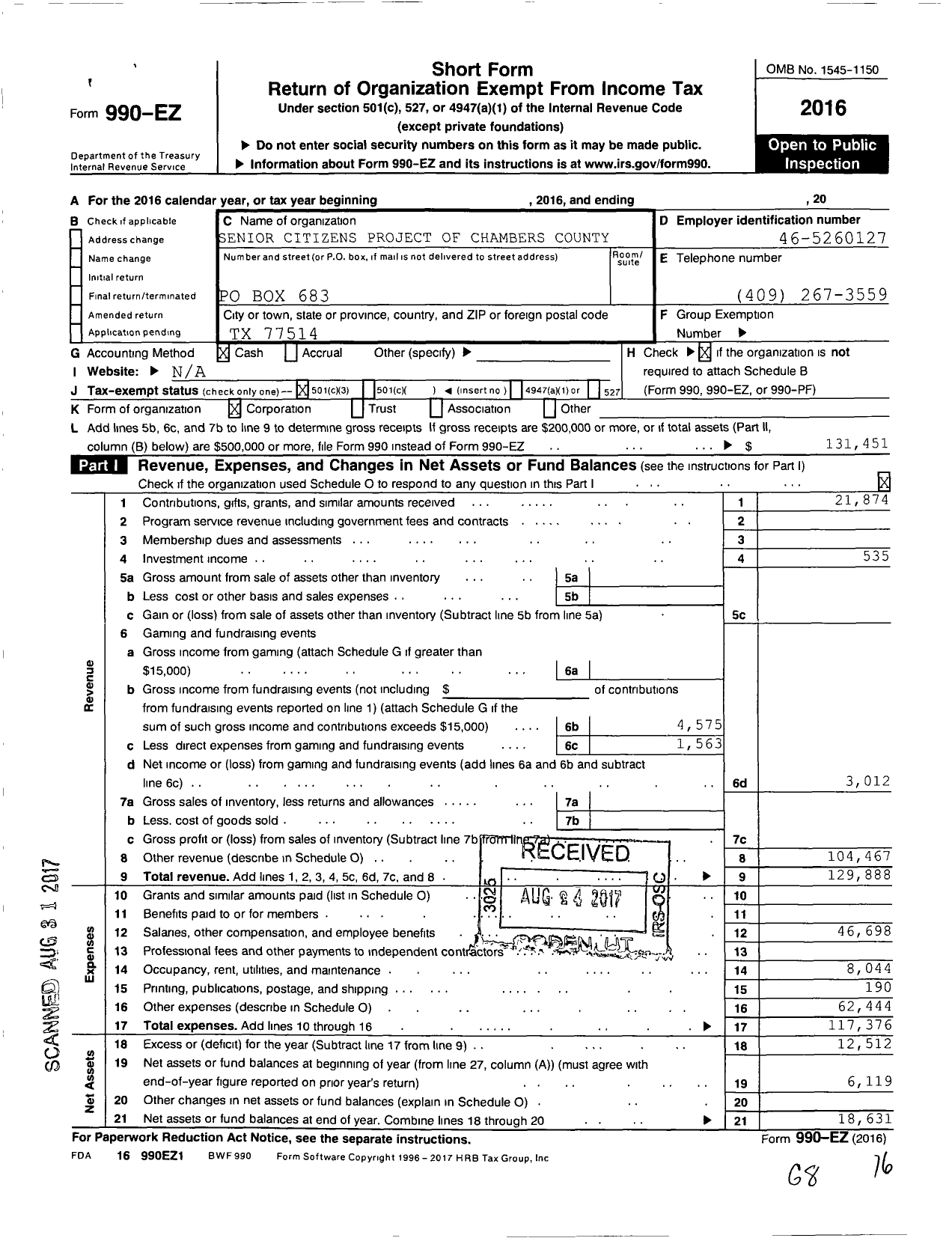 Image of first page of 2016 Form 990EZ for Senior Citizens Project of Chambers County