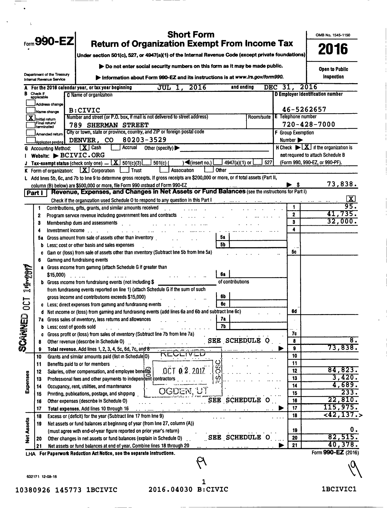Image of first page of 2016 Form 990EZ for B Civic