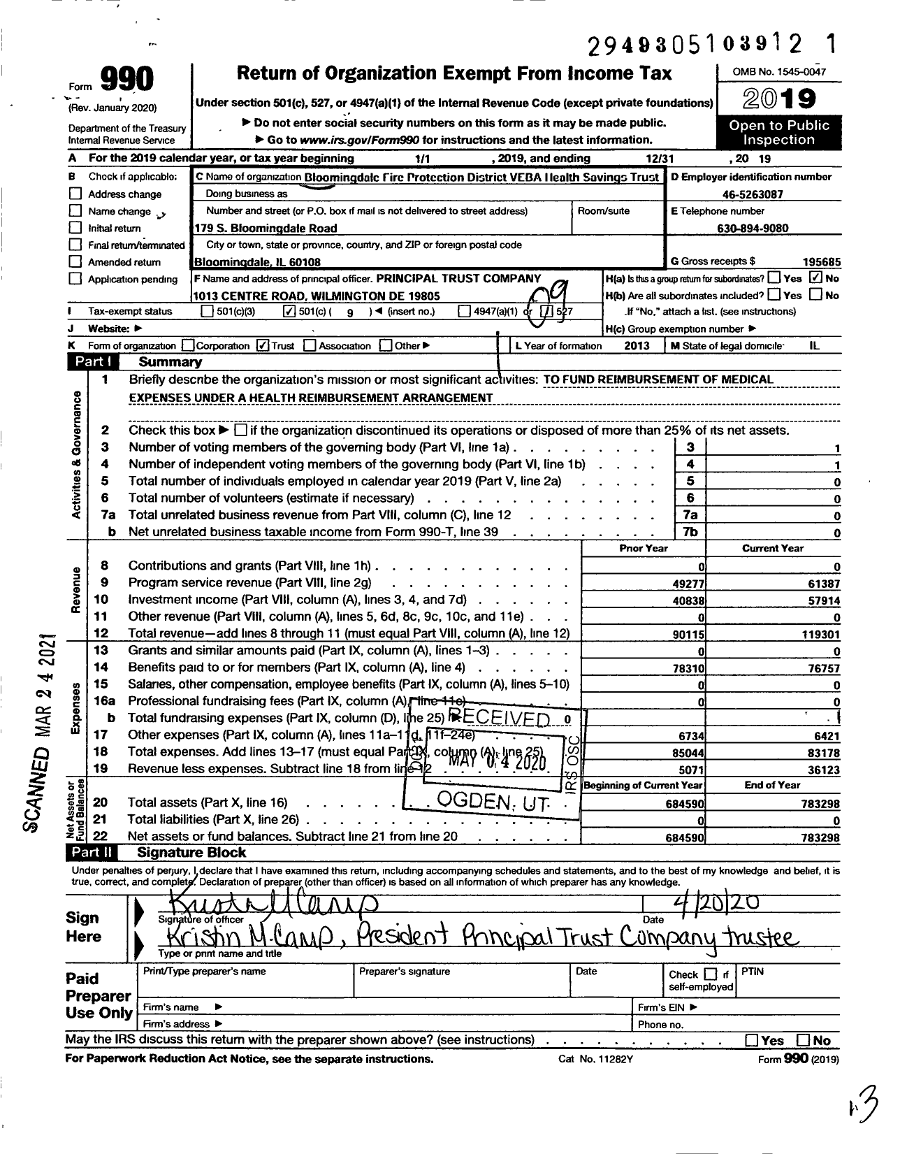 Image of first page of 2019 Form 990O for Bloomingdale Fire Protection District Veba Health Savings Trust