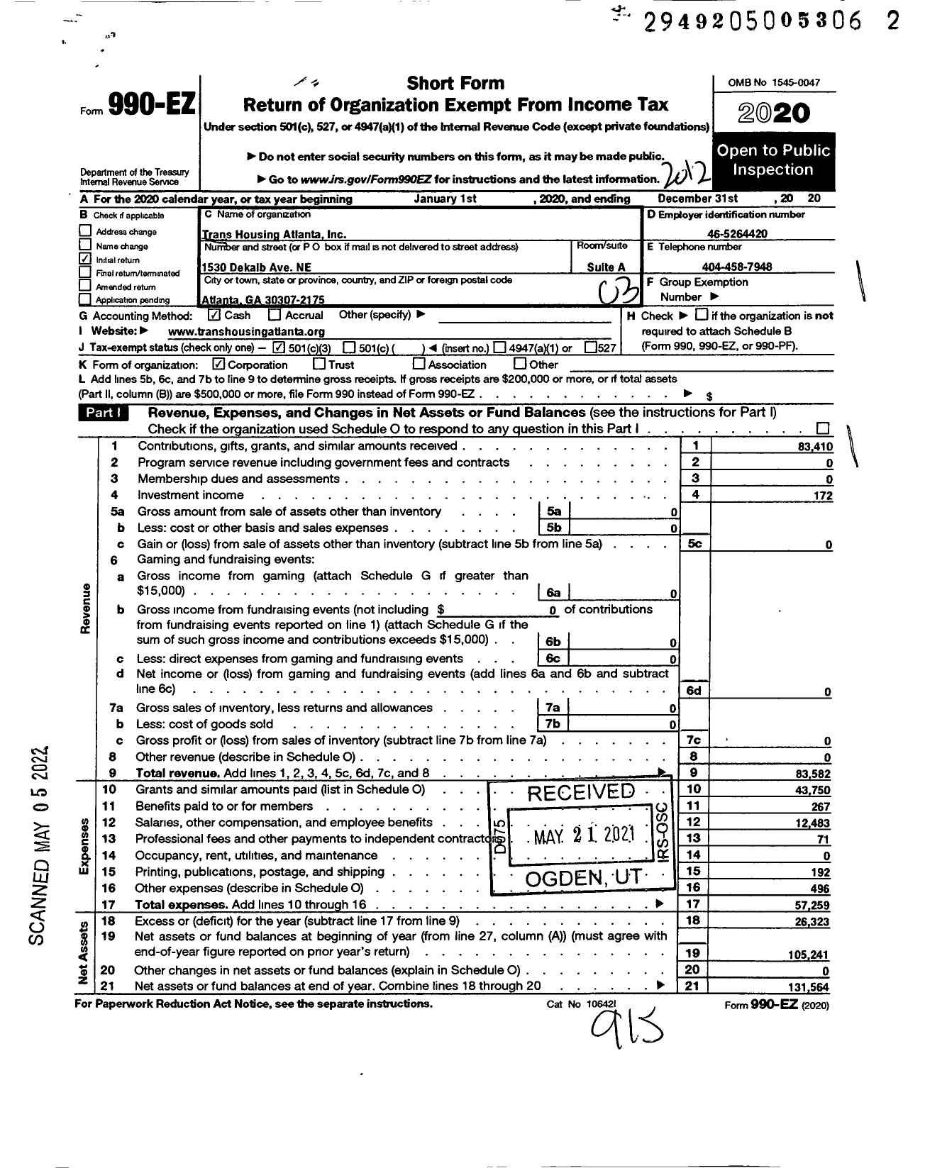 Image of first page of 2020 Form 990EZ for Trans Housing Atlanta