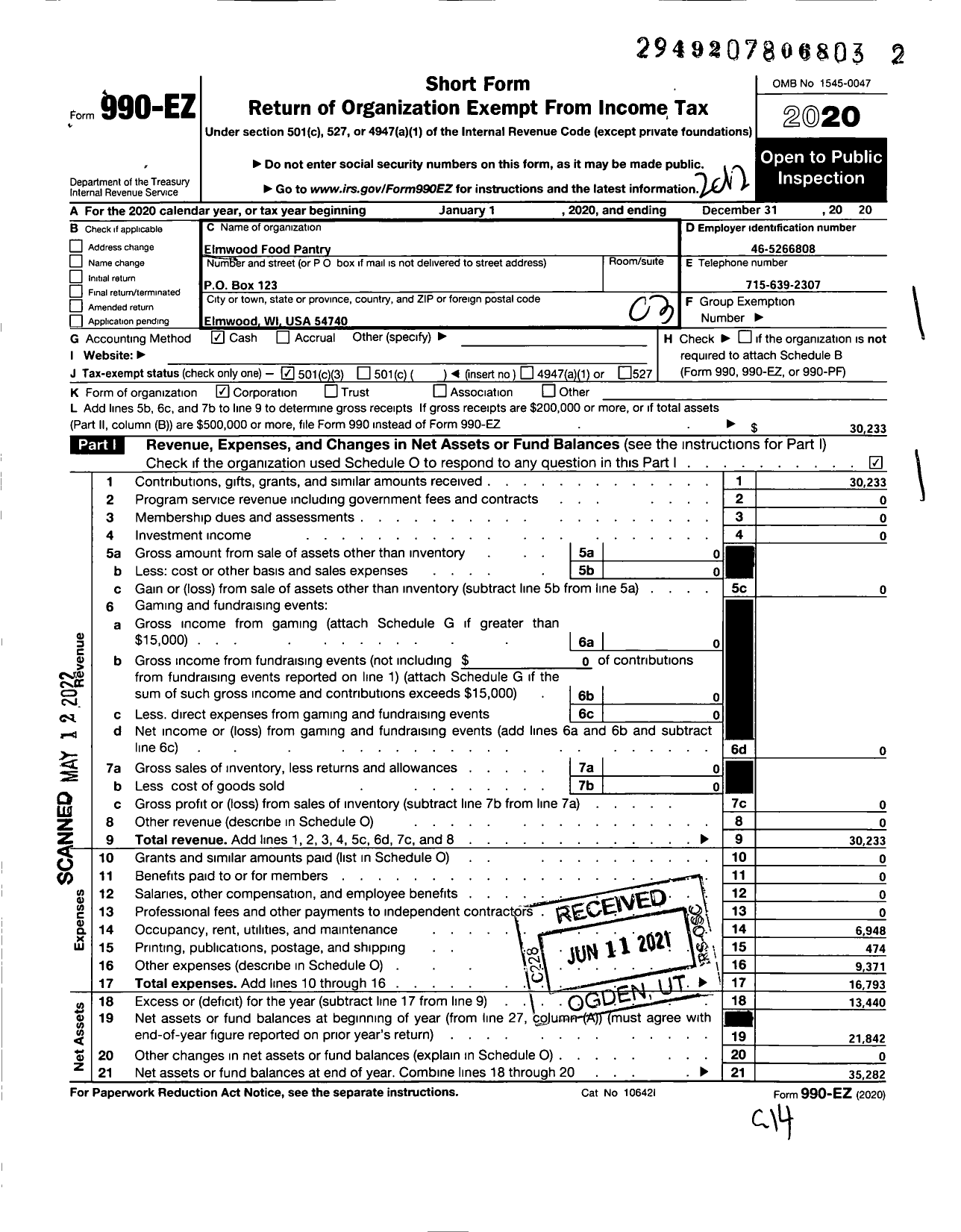 Image of first page of 2020 Form 990EZ for Elmwood Food Pantry