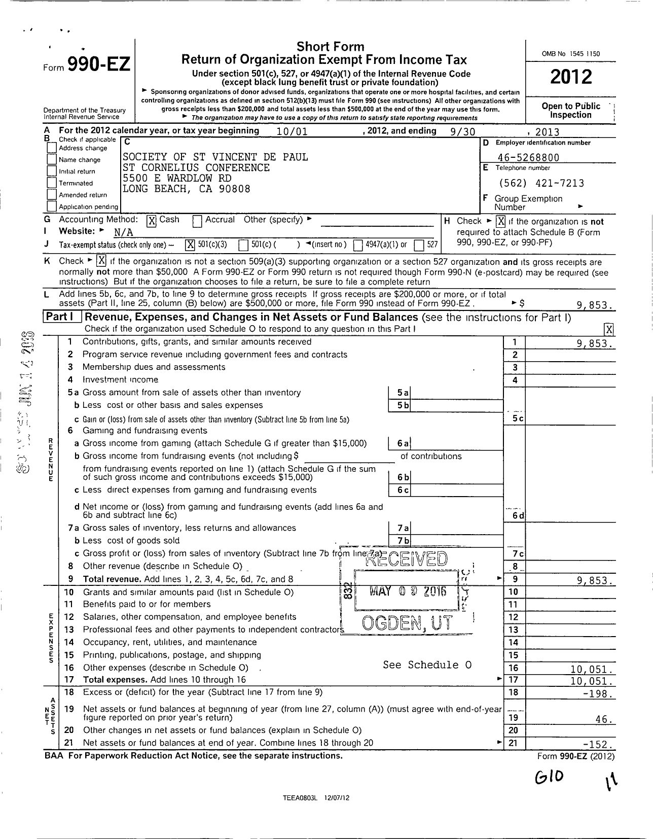 Image of first page of 2012 Form 990EZ for Society of Saint Vincent de Paul St Cornelius Conference