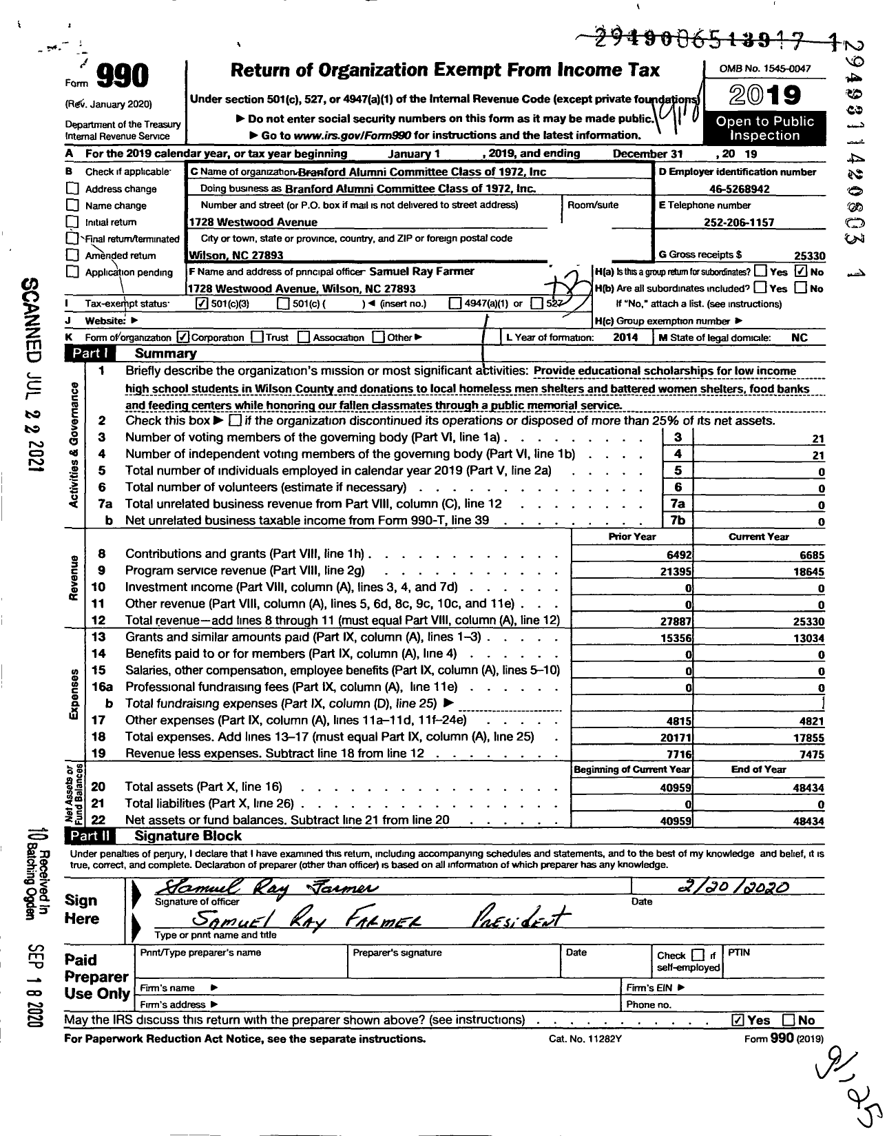 Image of first page of 2019 Form 990 for Branford Alumni Committee Class of 1972