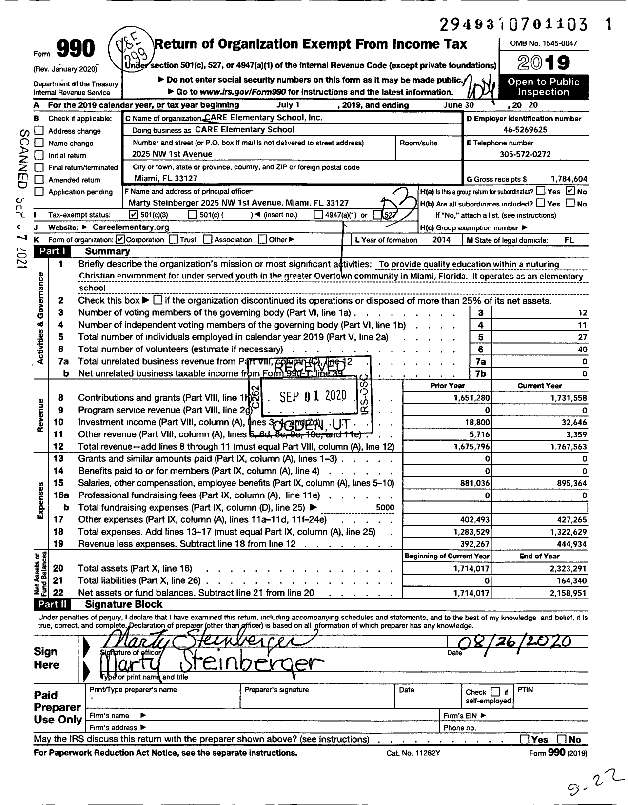 Image of first page of 2019 Form 990 for Care Elementary School