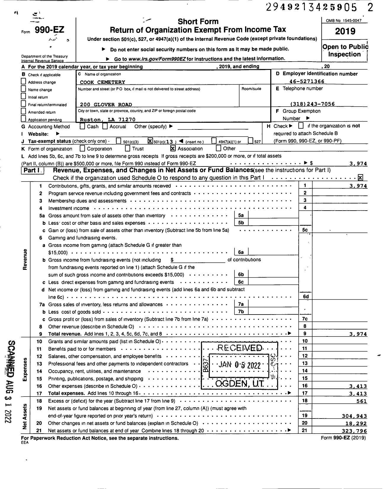 Image of first page of 2019 Form 990EO for Cook Cemetery