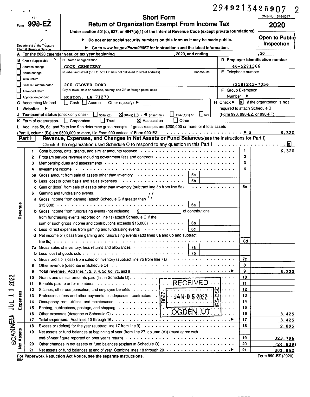 Image of first page of 2020 Form 990EO for Cook Cemetery