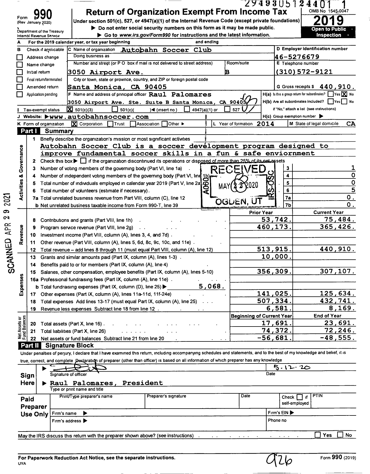 Image of first page of 2019 Form 990 for Autobahn Soccer Club