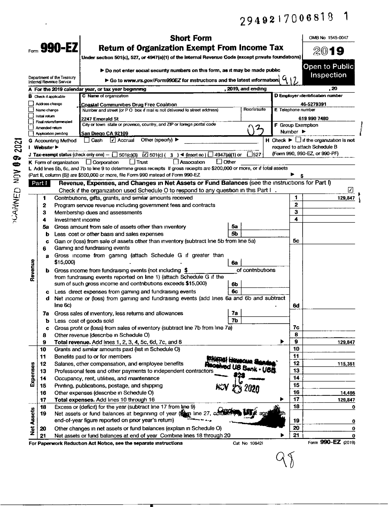 Image of first page of 2019 Form 990EZ for Coastal Communities Drug-Free Coalition