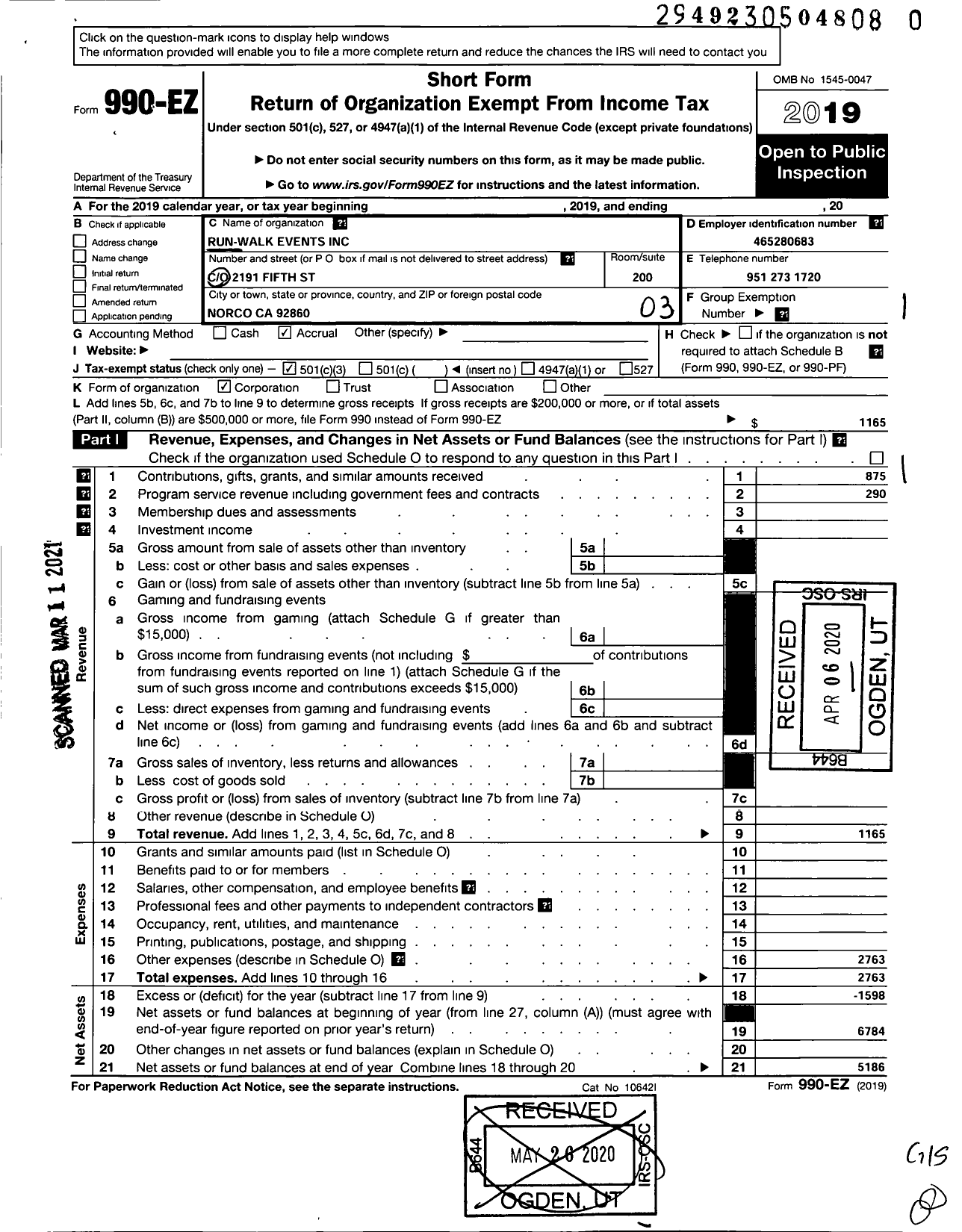 Image of first page of 2019 Form 990EZ for Run-Walk Events