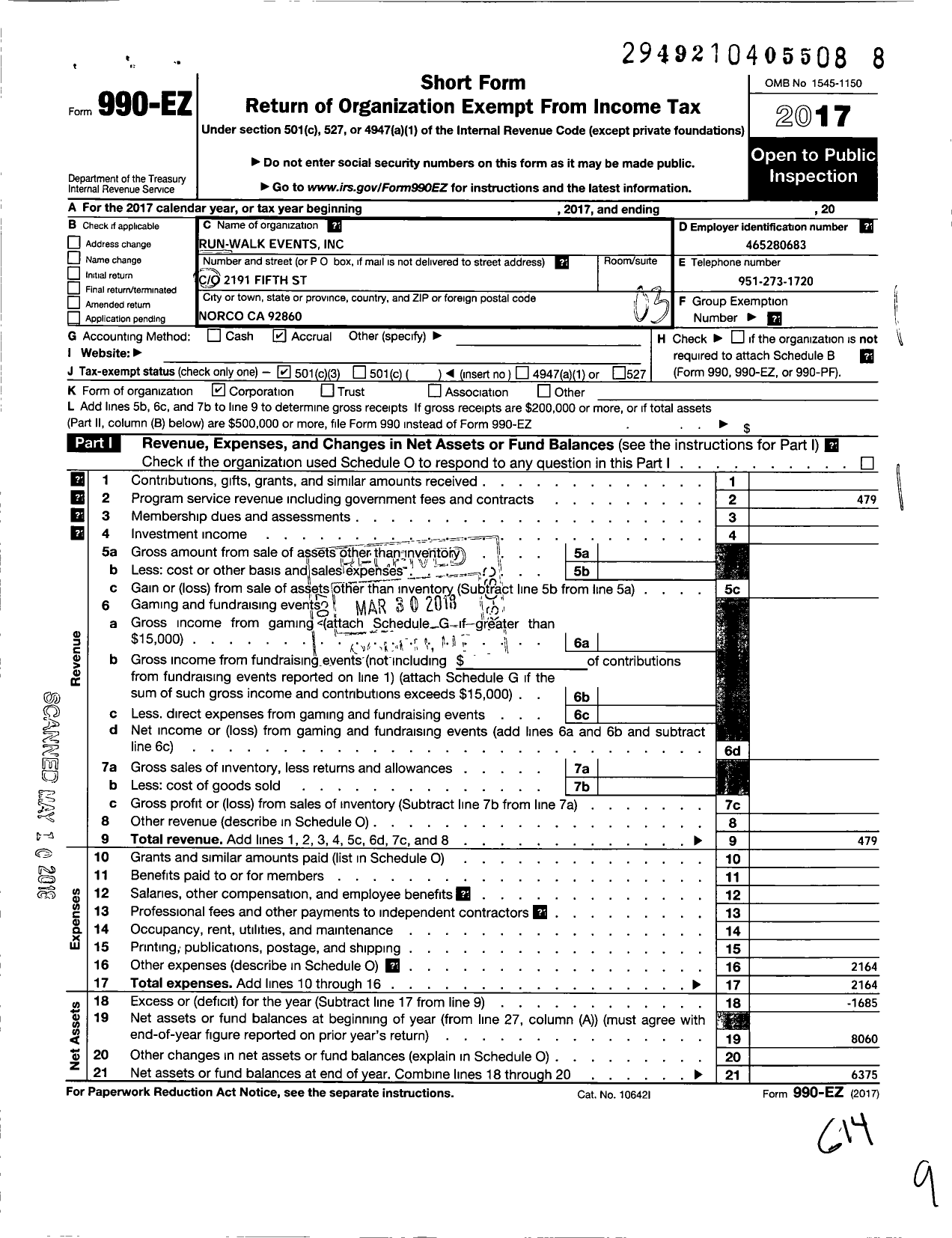 Image of first page of 2017 Form 990EZ for Run-Walk Events