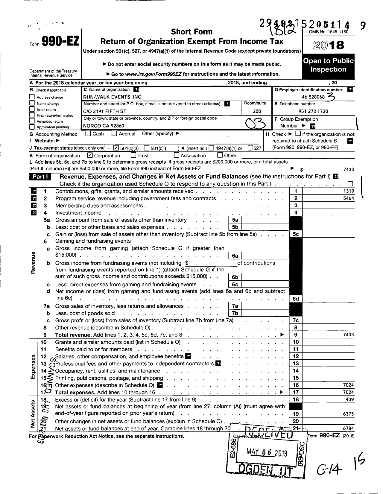 Image of first page of 2018 Form 990EZ for Run-Walk Events