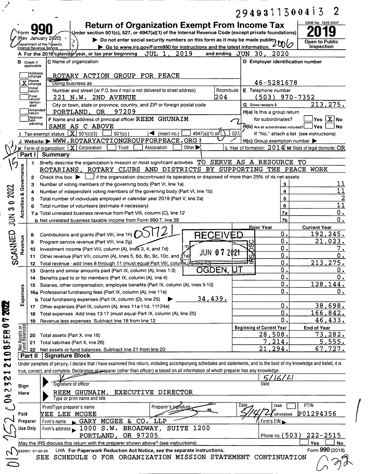 Image of first page of 2019 Form 990 for Rotary Action Group for Peace