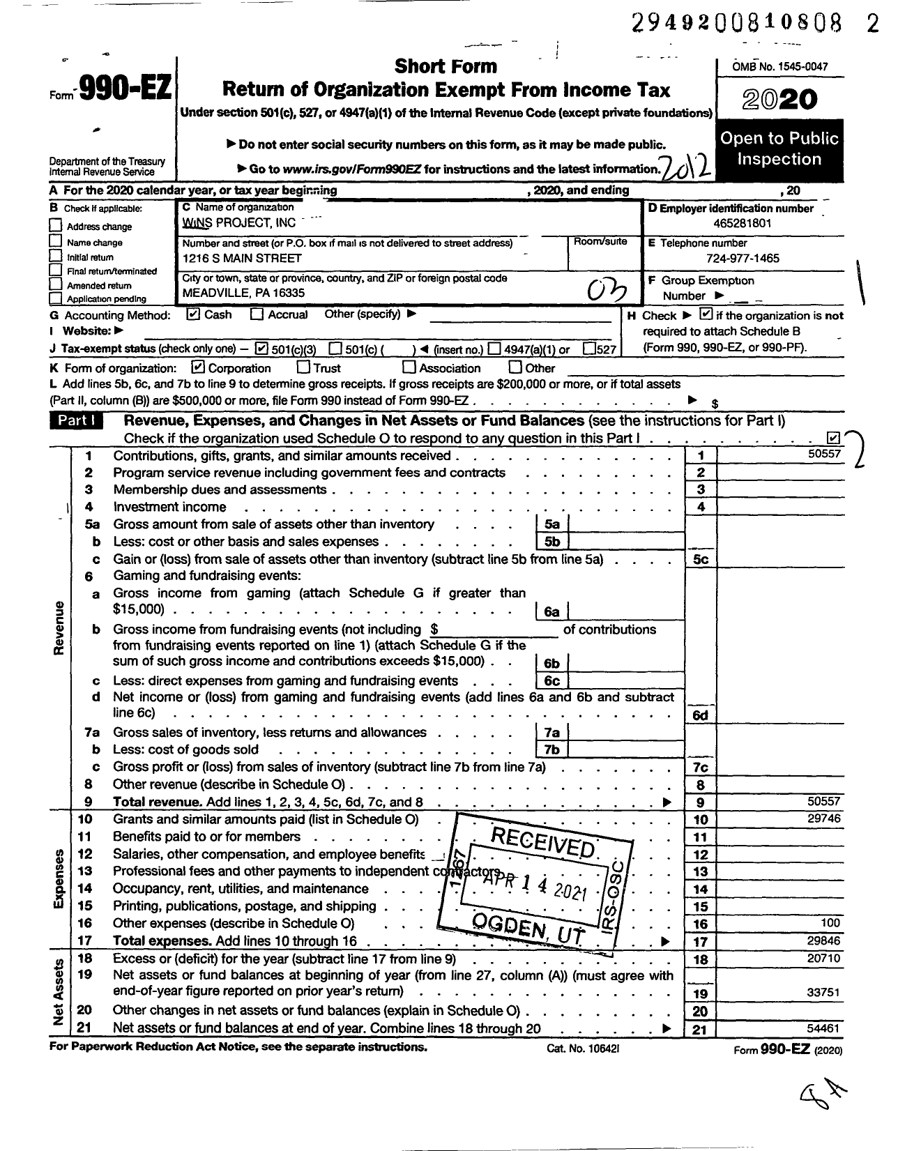 Image of first page of 2020 Form 990EZ for Wins Project