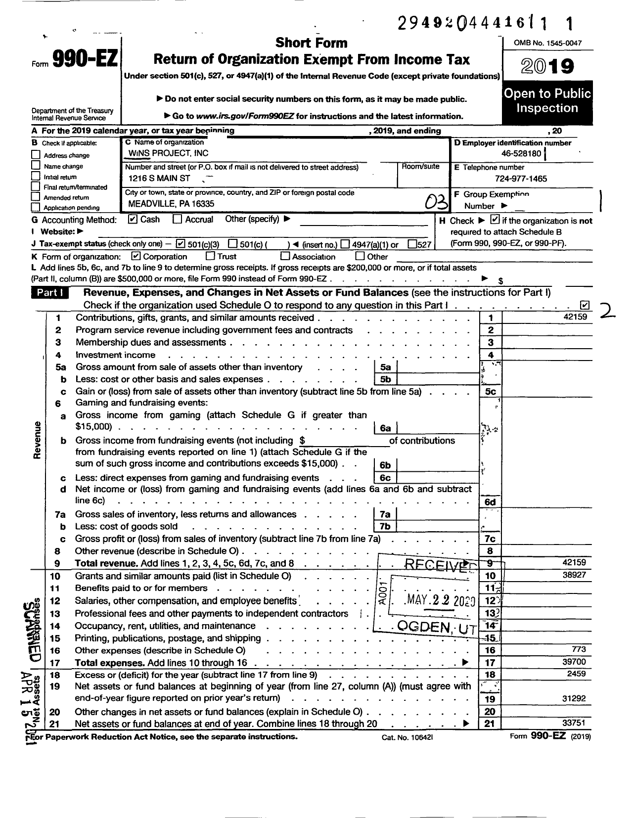 Image of first page of 2019 Form 990EZ for Wins Project